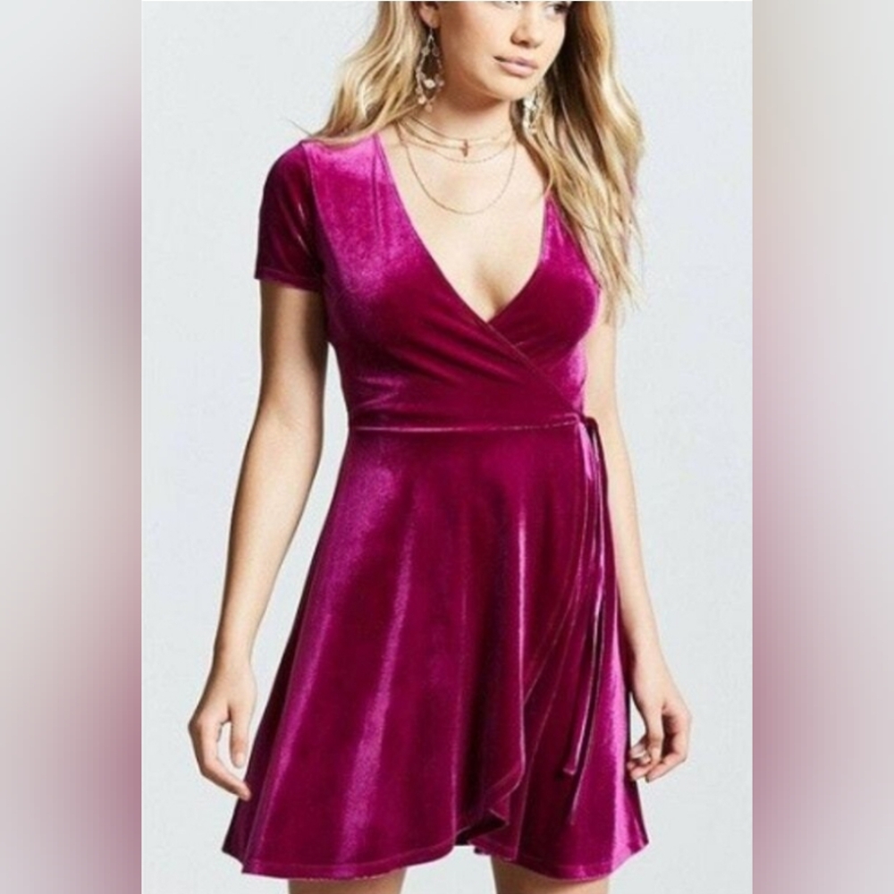 Forever 21 Vibrant Fushia Velvet Wrap Dress